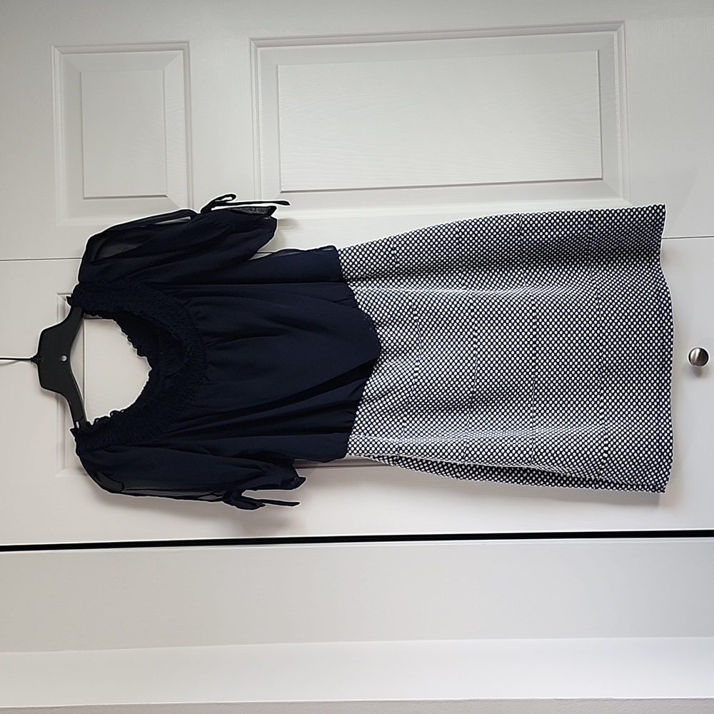 Navy blue and white form fitted wear to work cold shoulder dress